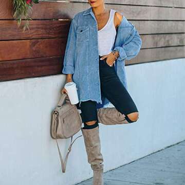 Hixiaohe Women's Casual Oversized Button Down Corduroy Shirt Jacket Coat Washed Retro Shacket (Blue, M)