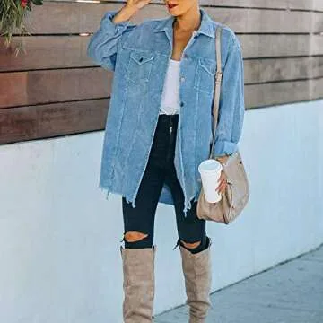 Hixiaohe Women's Casual Oversized Button Down Corduroy Shirt Jacket Coat Washed Retro Shacket (Blue, M)
