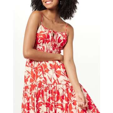 The Drop Women's Tavia Tie-Front Tiered Maxi Dress, Tomato Red Foliage Print, XS