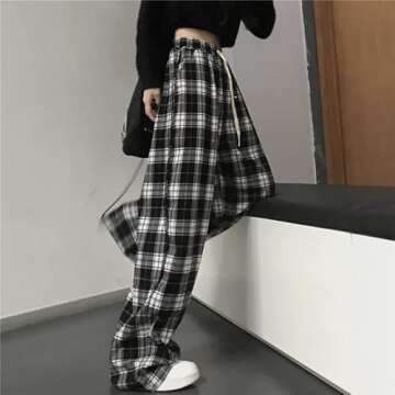 Grunge Plaid Pants for Women Goth Alt Pants Baggy Pants for Women Alternative Clothing (Black,XL,X-Large)