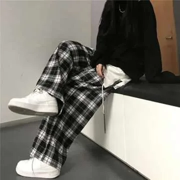 Grunge Plaid Pants for Women Goth Alt Pants Baggy Pants for Women Alternative Clothing (Black,XL,X-Large)