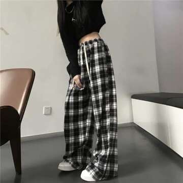 Grunge Plaid Pants for Women Goth Alt Pants Baggy Pants for Women Alternative Clothing (Black,XL,X-Large)