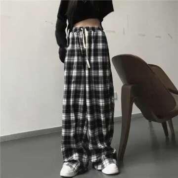 Grunge Plaid Pants for Women Goth Alt Pants Baggy Pants for Women Alternative Clothing (Black,XL,X-Large)