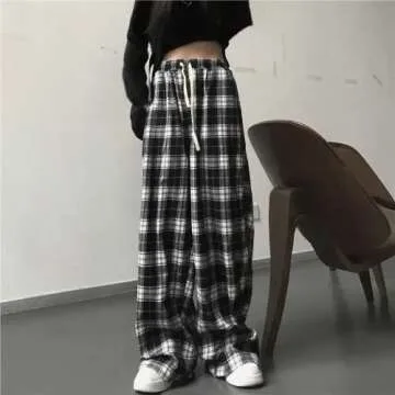 Grunge Plaid Pants for Women Goth Alt Pants Baggy Pants for Women Alternative Clothing (Black,XL,X-Large)