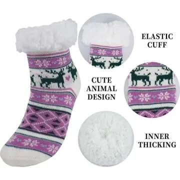 BenSorts Kids Winter Slipper Socks with Grippers Warm Soft Christmas Fleece Fuzzy Gift For Girls Boys Cute Purple Reindeer 8 9 10 11 12 Years