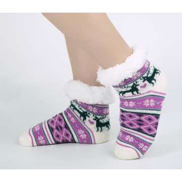 BenSorts Kids Winter Slipper Socks with Grippers Warm Soft Christmas Fleece Fuzzy Gift For Girls Boys Cute Purple Reindeer 8 9 10 11 12 Years