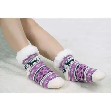 BenSorts Kids Winter Slipper Socks with Grippers Warm Soft Christmas Fleece Fuzzy Gift For Girls Boys Cute Purple Reindeer 8 9 10 11 12 Years