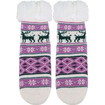 BenSorts Kids Winter Slipper Socks with Grippers Warm Soft Christmas Fleece Fuzzy Gift For Girls Boys Cute Purple Reindeer 8 9 10 11 12 Years