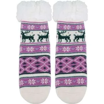 BenSorts Kids Winter Slipper Socks with Grippers Warm Soft Christmas Fleece Fuzzy Gift For Girls Boys Cute Purple Reindeer 8 9 10 11 12 Years