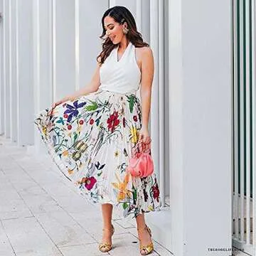 CHICWISH Women's Tropical Floral Watercolor Chiffon Print Pleated Midi Prom Party Skirt Multicoloured