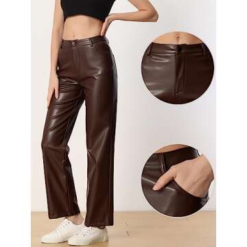 Allegra K Faux Leather Pants for Women's High Waist Straight Leg Punk PU Trousers X-Small Brown