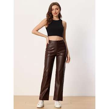 Allegra K Faux Leather Pants for Women's High Waist Straight Leg Punk PU Trousers X-Small Brown