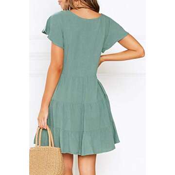 MITILLY Women's Summer Short Sleeve V Neck Button Down Casual Tunic Dress with Pockets Large Sage