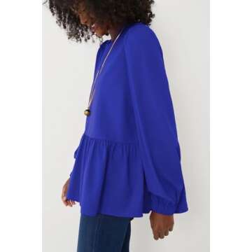 Allimy Women's Work Blouses Puff Long Sleeve Dressy Flowy Peplum Tops Crewneck Casual Spring Chiffon Tunic Blouses Business Dress Shirts Blue Small