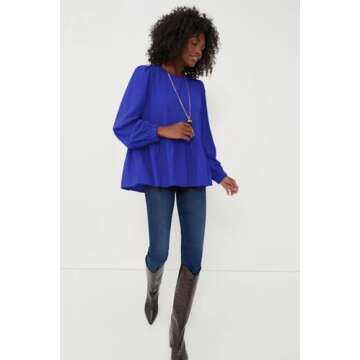 Allimy Women's Work Blouses Puff Long Sleeve Dressy Flowy Peplum Tops Crewneck Casual Spring Chiffon Tunic Blouses Business Dress Shirts Blue Small