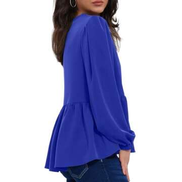 Allimy Women's Work Blouses Puff Long Sleeve Dressy Flowy Peplum Tops Crewneck Casual Spring Chiffon Tunic Blouses Business Dress Shirts Blue Small
