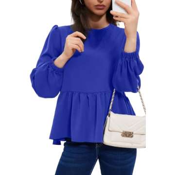 Allimy Women's Work Blouses Puff Long Sleeve Dressy Flowy Peplum Tops Crewneck Casual Spring Chiffon Tunic Blouses Business Dress Shirts Blue Small