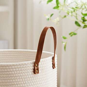 VIPOSCO Small Laundry Basket, Slim Baby Hamper with Leather Handle, Cute Woven Rope Storage Basket for Blanket, Kids Toy, Clothes In Living Room, Bathroom, Bedroom, Nursery Room - 30L White & Brown