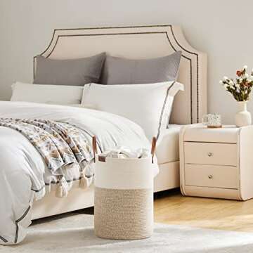 VIPOSCO Small Laundry Basket, Slim Baby Hamper with Leather Handle, Cute Woven Rope Storage Basket for Blanket, Kids Toy, Clothes In Living Room, Bathroom, Bedroom, Nursery Room - 30L White & Brown