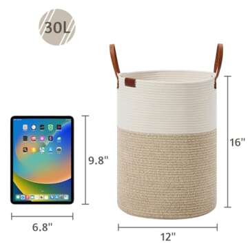 VIPOSCO Small Laundry Basket, Slim Baby Hamper with Leather Handle, Cute Woven Rope Storage Basket for Blanket, Kids Toy, Clothes In Living Room, Bathroom, Bedroom, Nursery Room - 30L White & Brown