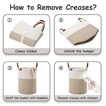 VIPOSCO Small Laundry Basket, Slim Baby Hamper with Leather Handle, Cute Woven Rope Storage Basket for Blanket, Kids Toy, Clothes In Living Room, Bathroom, Bedroom, Nursery Room - 30L White & Brown