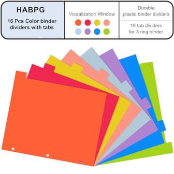 HABGP 16Pcs/2 Set 8 Tab Dividers for 3 Ring Binder, 16 Pcs Multicolor 3 Ring Binder Dividers with Ta...
