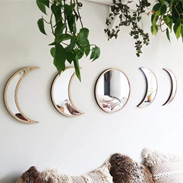 5 Pieces Scandinavian Natural Decor Acrylic Wall Decorative Mirror Interior Design Wooden Moon Phase...