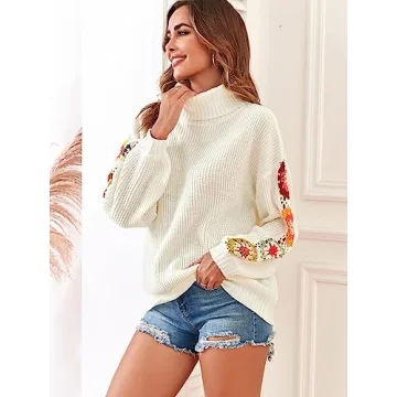 ZAFUL Turtleneck Sweater for Women Pullover Puff Long Sleeve Boho Knit Sweaters Trendy Knitwear Top White Flower Crochet S