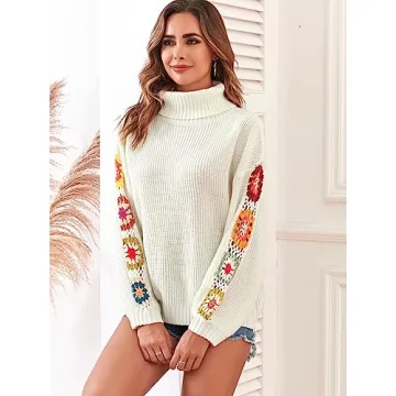 ZAFUL Turtleneck Sweater for Women Pullover Puff Long Sleeve Boho Knit Sweaters Trendy Knitwear Top White Flower Crochet S