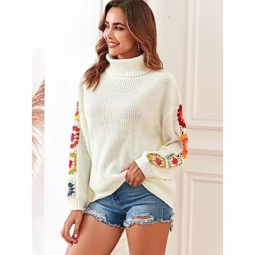 ZAFUL Turtleneck Sweater for Women Pullover Puff Long Sleeve Boho Knit Sweaters Trendy Knitwear Top White Flower Crochet S