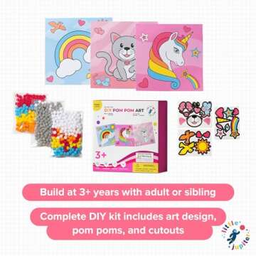 Little Jupiter DIY Pom Pom Art - Makes 3 Art Pieces -Boy & Girl Crafts for Kids Age 3-5 - Toddler Crafts Ages 3-5 - Pom Pom Arts and Crafts - Art Projects for Kids 3-5 - (Set 2-Unicorn, Rainbow, Cat)
