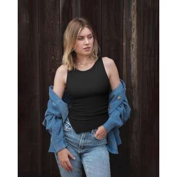 OQQ Women's 2 Piece Tank Tops Ruched Crew Neck Sleeveless Basic Stretch Tee Shirts Black Beige