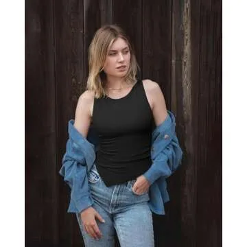 OQQ Women's 2 Piece Tank Tops Ruched Crew Neck Sleeveless Basic Stretch Tee Shirts Black Beige