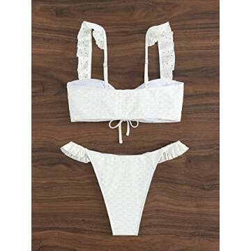 SOLY HUX Women's Ruffle Trim Tie Front Bikini Set Bathing Suits 2 Piece Swimsuit Solid White M