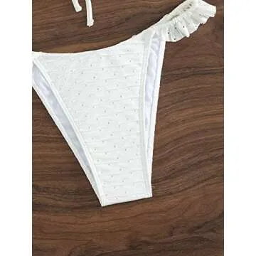 SOLY HUX Women's Ruffle Trim Tie Front Bikini Set Bathing Suits 2 Piece Swimsuit Solid White M