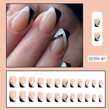Coffin Press on Nails Short Square Fake Nails with Black&White French Tip Nails Designs Glossy False...