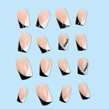 Coffin Press on Nails Short Square Fake Nails with Black&White French Tip Nails Designs Glossy False Nails with Glue on Nails Press Ons Artificial Nails for Women,24Pcs Short Square False Nail Tips