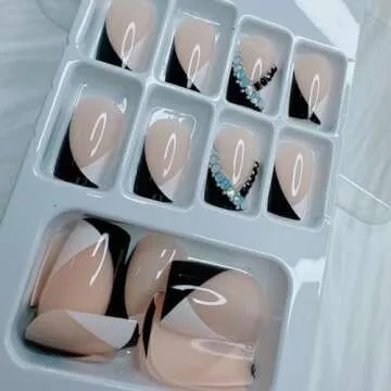 Coffin Press on Nails Short Square Fake Nails with Black&White French Tip Nails Designs Glossy False Nails with Glue on Nails Press Ons Artificial Nails for Women,24Pcs Short Square False Nail Tips