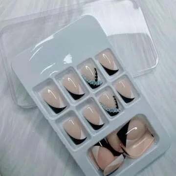 Coffin Press on Nails Short Square Fake Nails with Black&White French Tip Nails Designs Glossy False Nails with Glue on Nails Press Ons Artificial Nails for Women,24Pcs Short Square False Nail Tips