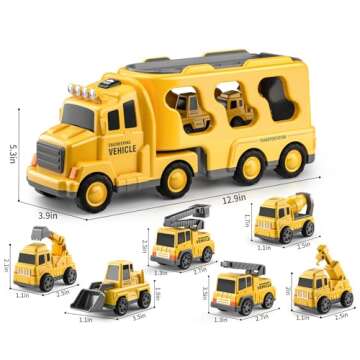 TEMI Construction Truck Toys Cars for Toddlers 3-5 - 7-in-1 Friction Powered Vehicle Toy 3 4 5 6 Yea...