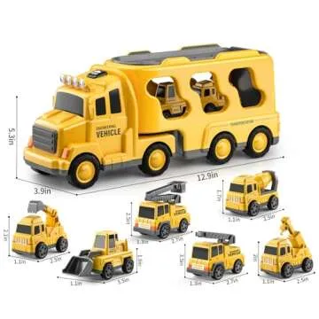 TEMI Construction Truck Toys Cars for Toddlers 3-5 - 7-in-1 Friction Powered Vehicle Toy 3 4 5 6 Yea...