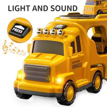 TEMI Construction Truck Toys Cars for Toddlers 3-5 - 7-in-1 Friction Powered Vehicle Toy 3 4 5 6 Year Old Boys, Carrier Transport Trucks Kids Years, Car Set Age 3-9 Boys and Girls