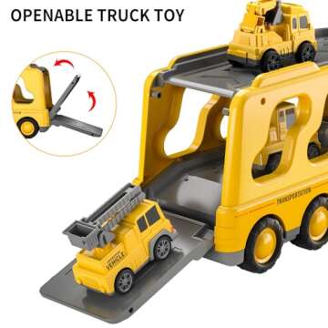 TEMI Construction Truck Toys Cars for Toddlers 3-5 - 7-in-1 Friction Powered Vehicle Toy 3 4 5 6 Year Old Boys, Carrier Transport Trucks Kids Years, Car Set Age 3-9 Boys and Girls