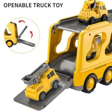 TEMI Construction Truck Toys Cars for Toddlers 3-5 - 7-in-1 Friction Powered Vehicle Toy 3 4 5 6 Year Old Boys, Carrier Transport Trucks Kids Years, Car Set Age 3-9 Boys and Girls