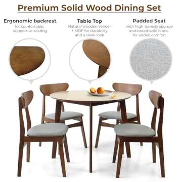 Wickerix Dining Room Set of 4 Yumiko Chairs and Round Dining Table Kitchen Modern Solid Wood w/Padde...