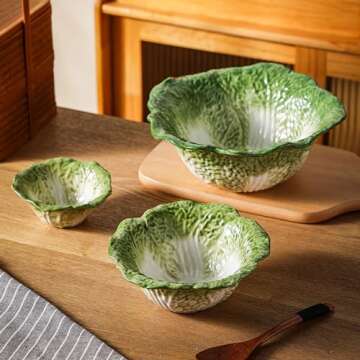 KXZ Green Cabbage Serving Bowl Set of 3 for Kitchen - Extra Large 60oz, 16oz, 5oz Nesting Mixing Bow...