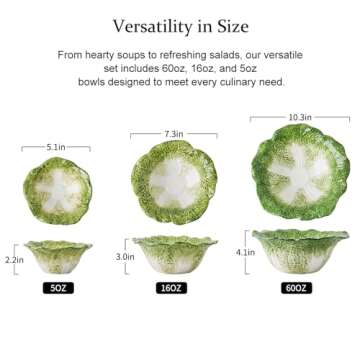 KXZ Green Cabbage Serving Bowl Set of 3 for Kitchen - Extra Large 60oz, 16oz, 5oz Nesting Mixing Bowls, Porcelain Dishes for Salad, Entertaining, Fruit, Vintage, Decorative, Ceramic Pho Soup Tureen
