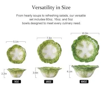 KXZ Green Cabbage Serving Bowl Set of 3 for Kitchen - Extra Large 60oz, 16oz, 5oz Nesting Mixing Bowls, Porcelain Dishes for Salad, Entertaining, Fruit, Vintage, Decorative, Ceramic Pho Soup Tureen