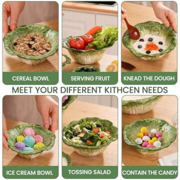 KXZ Green Cabbage Serving Bowl Set of 3 for Kitchen - Extra Large 60oz, 16oz, 5oz Nesting Mixing Bowls, Porcelain Dishes for Salad, Entertaining, Fruit, Vintage, Decorative, Ceramic Pho Soup Tureen