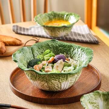 KXZ Green Cabbage Serving Bowl Set of 3 for Kitchen - Extra Large 60oz, 16oz, 5oz Nesting Mixing Bowls, Porcelain Dishes for Salad, Entertaining, Fruit, Vintage, Decorative, Ceramic Pho Soup Tureen